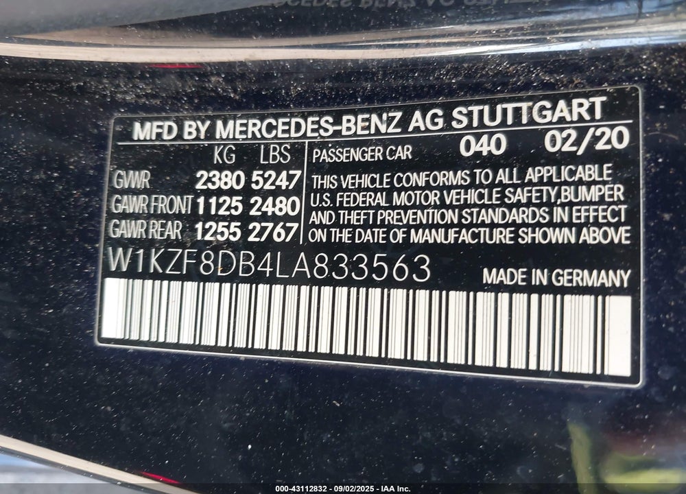 2020 MERCEDES-BENZ E 350 VIN: W1KZF8DB4LA833563
