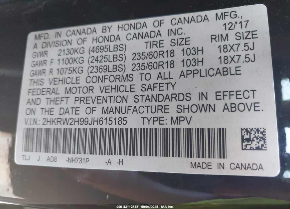 2018 HONDA CR-V VIN: 2HKRW2H99JH615185