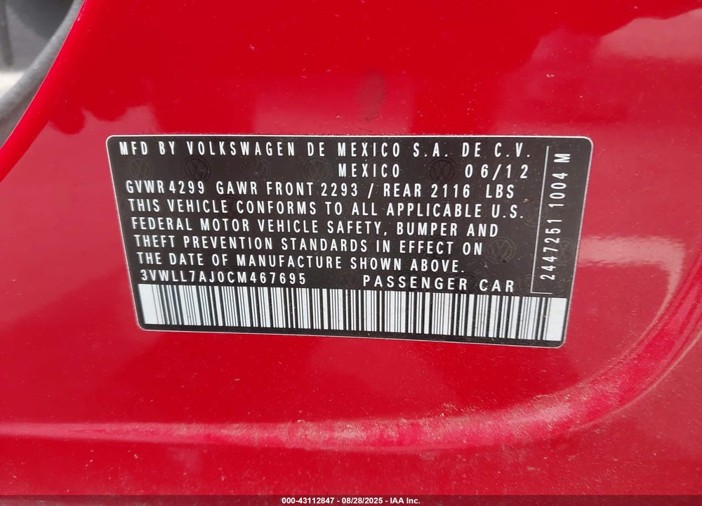 2012 VOLKSWAGEN JETTA VIN: 3VWLL7AJ0CM467695