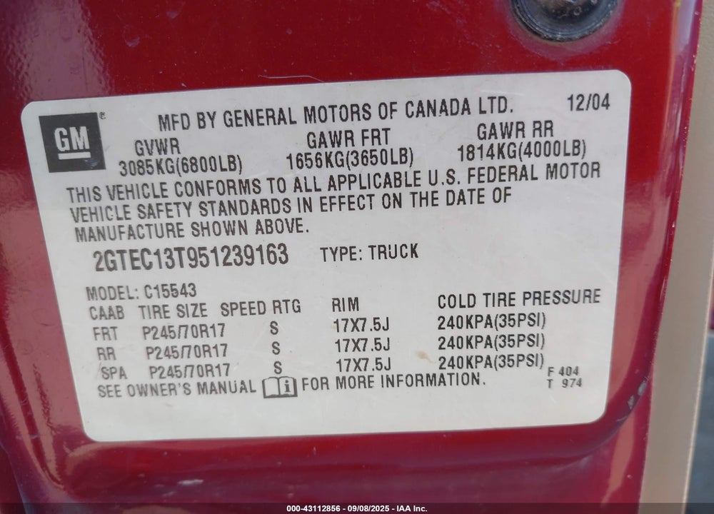 2005 GMC SIERRA 1500 SLT VIN: 2GTEC13T951239163