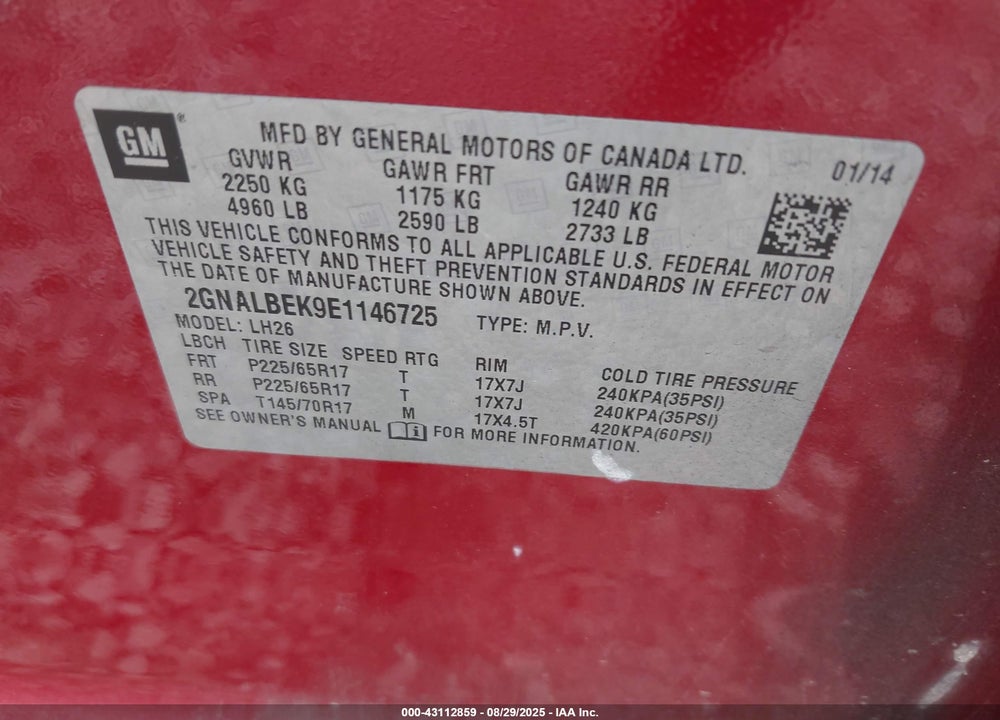 2014 CHEVROLET EQUINOX VIN: 2GNALBEK9E1146725