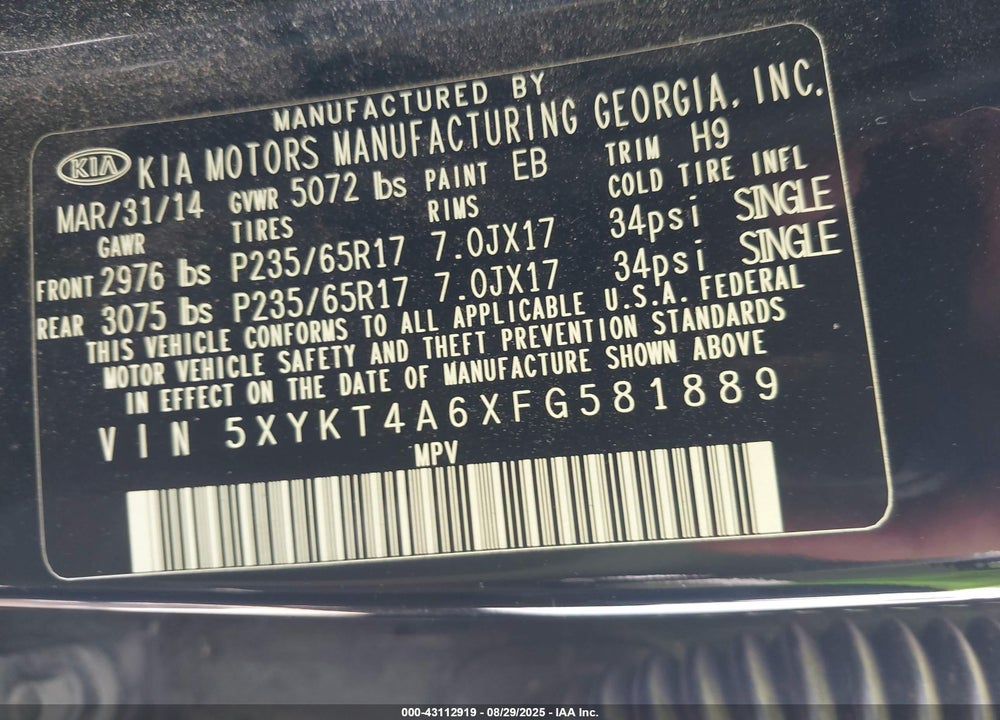 2015 KIA SORENTO VIN: 5XYKT4A6XFG581889