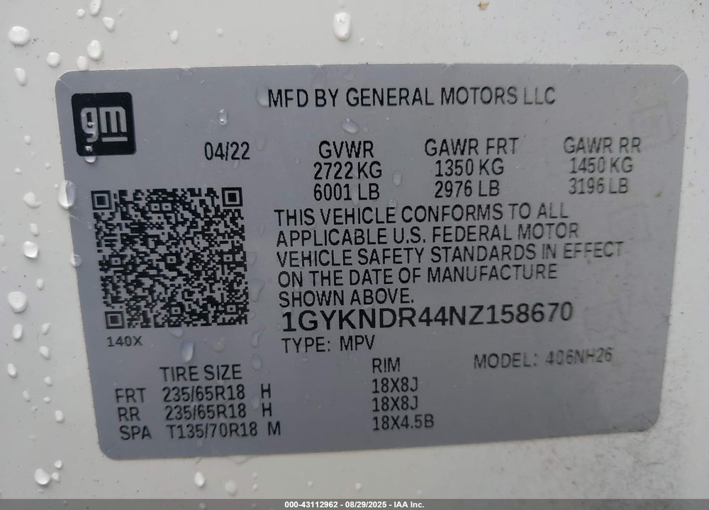 2022 CADILLAC XT5 VIN: 1GYKNDR44NZ158670