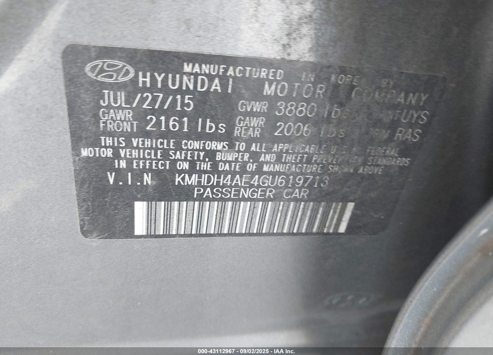 2016 HYUNDAI ELANTRA VIN: KMHDH4AE4GU619713