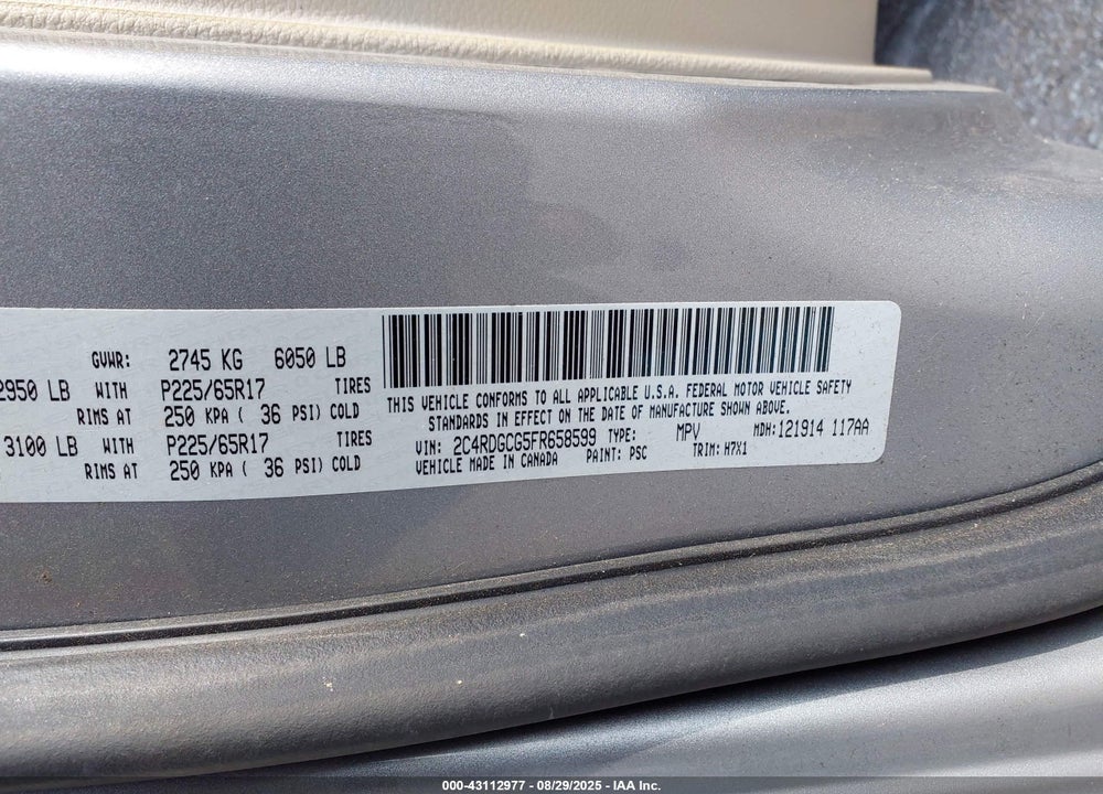 2015 DODGE GRAND CARAVAN SXT VIN: 2C4RDGCG5FR658599