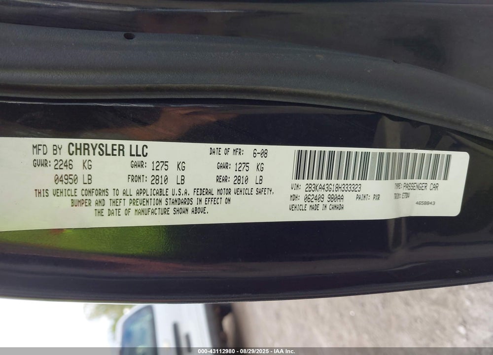 2008 DODGE CHARGER VIN: 2B3KA43G18H333323