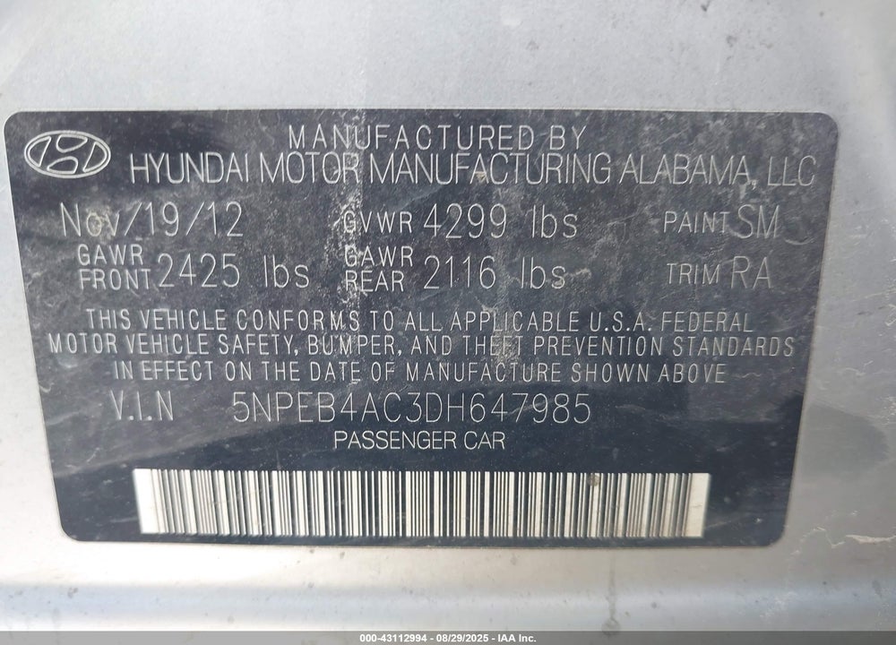 2013 HYUNDAI SONATA VIN: 5NPEB4AC3DH647985