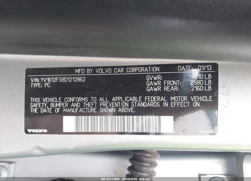 2013 VOLVO S60 VIN: YV1612FS8D1212862