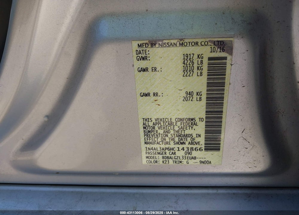 2017 NISSAN ALTIMA VIN: 1N4AL3AP6HC143866