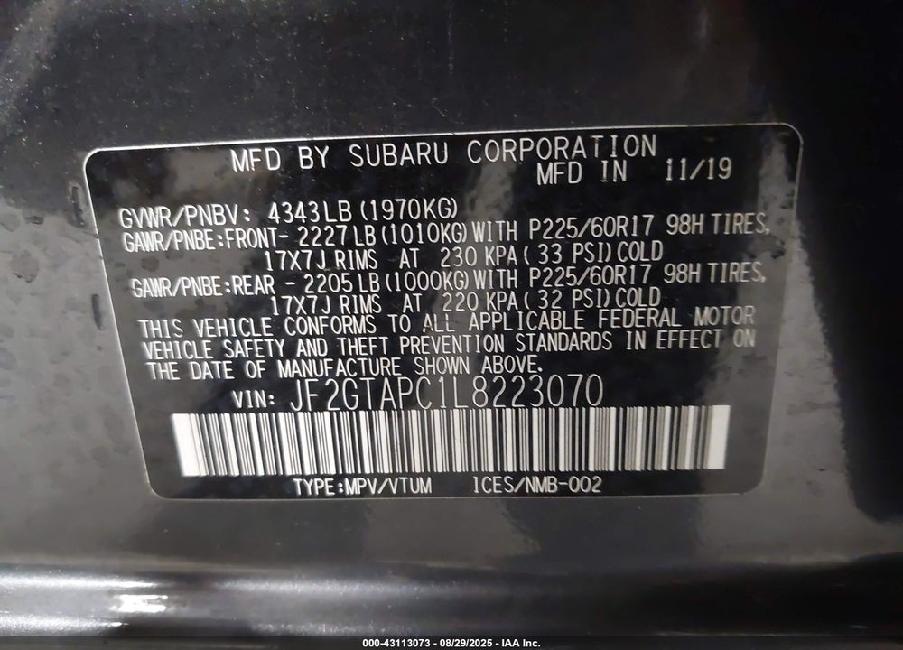 2020 SUBARU CROSSTREK VIN: JF2GTAPC1L8223070