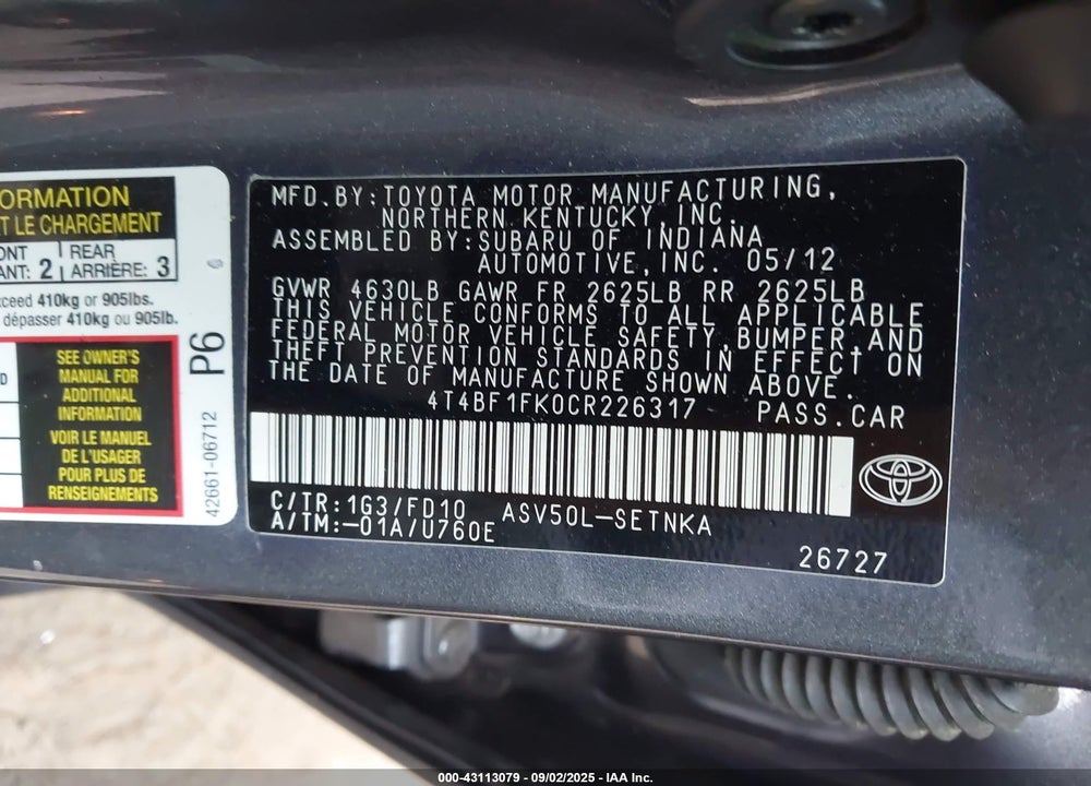 2012 TOYOTA CAMRY VIN: 4T4BF1FK0CR226317