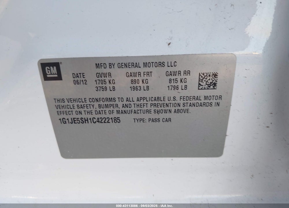 2012 CHEVROLET SONIC VIN: 1G1JE5SH1C4222185