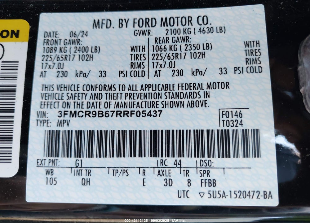 2024 FORD BRONCO SPORT VIN: 3FMCR9B67RRF05437