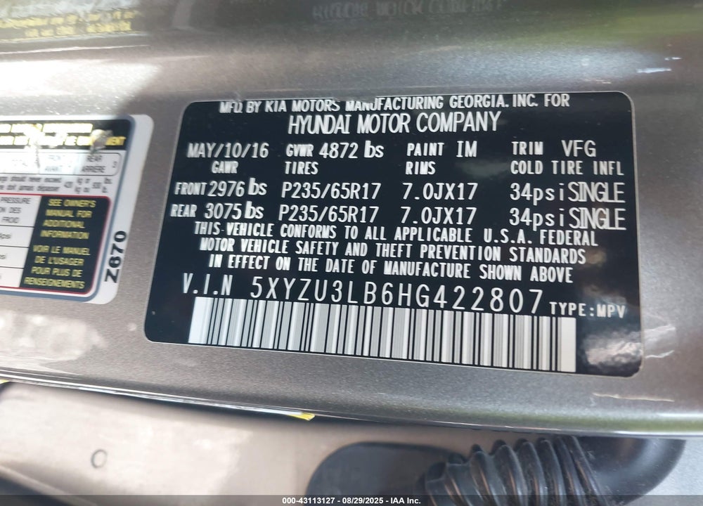 2017 HYUNDAI SANTA FE SPORT 2.4L VIN: 5XYZU3LB6HG422807
