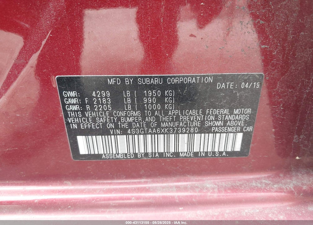 2019 SUBARU IMPREZA VIN: 4S3GTAA6XK3739280
