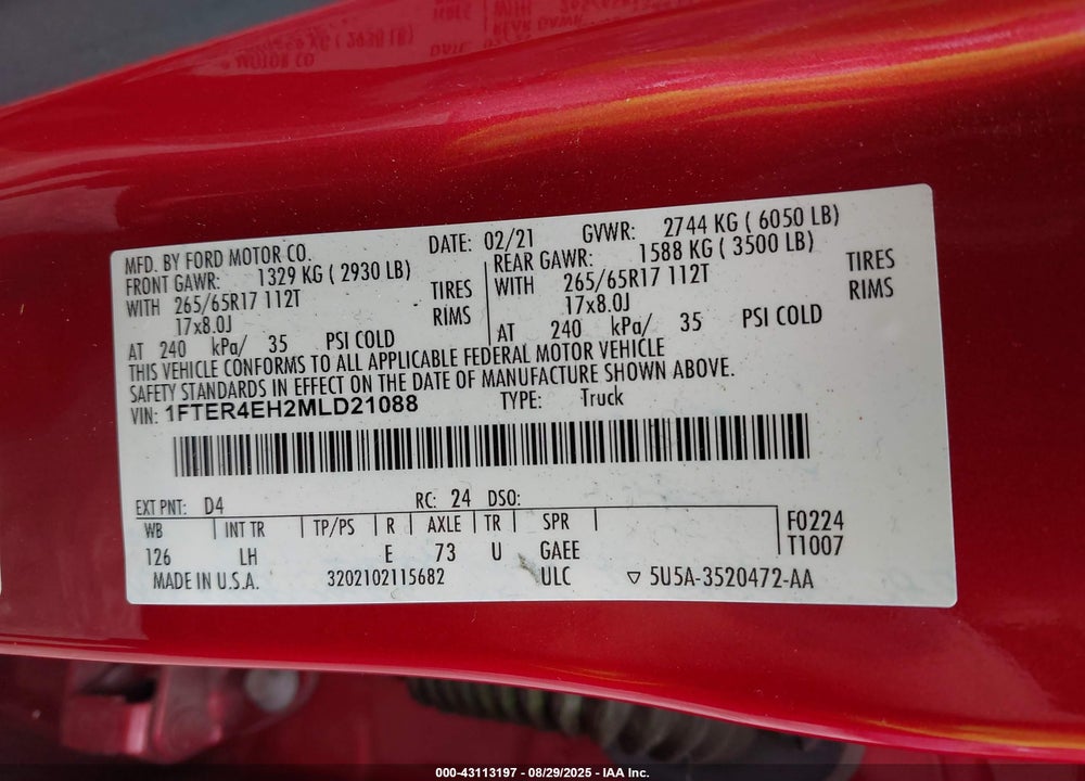 2021 FORD RANGER VIN: 1FTER4EH2MLD21088