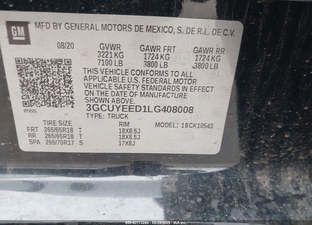 2020 CHEVROLET SILVERADO 1500 4WD SHORT BED RST VIN: 3GCUYEED1LG408008
