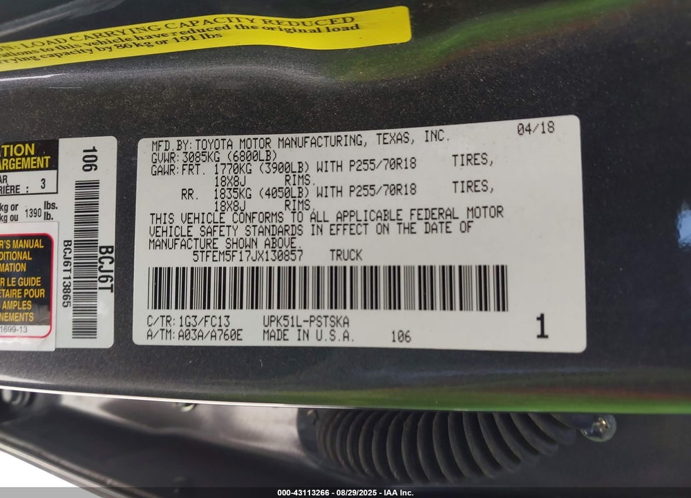2018 TOYOTA TUNDRA SR5 4.6L V8 VIN: 5TFEM5F17JX130857