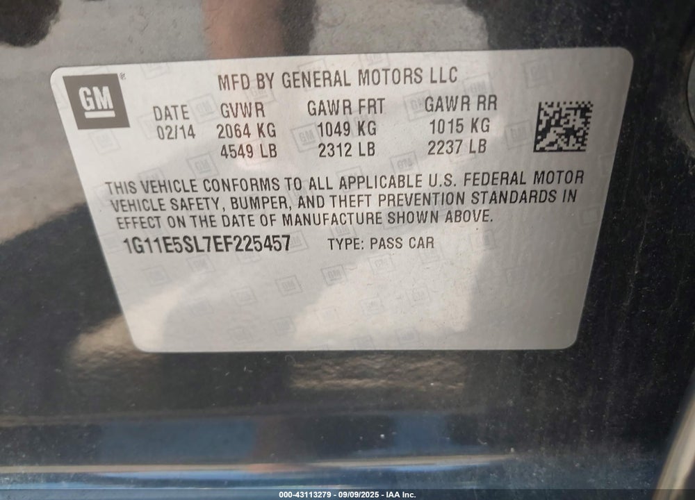 2014 CHEVROLET MALIBU VIN: 1G11E5SL7EF225457
