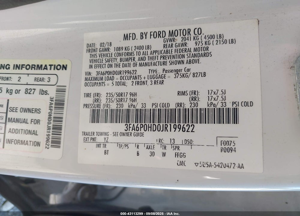 2018 FORD FUSION VIN: 3FA6P0HD0JR199622