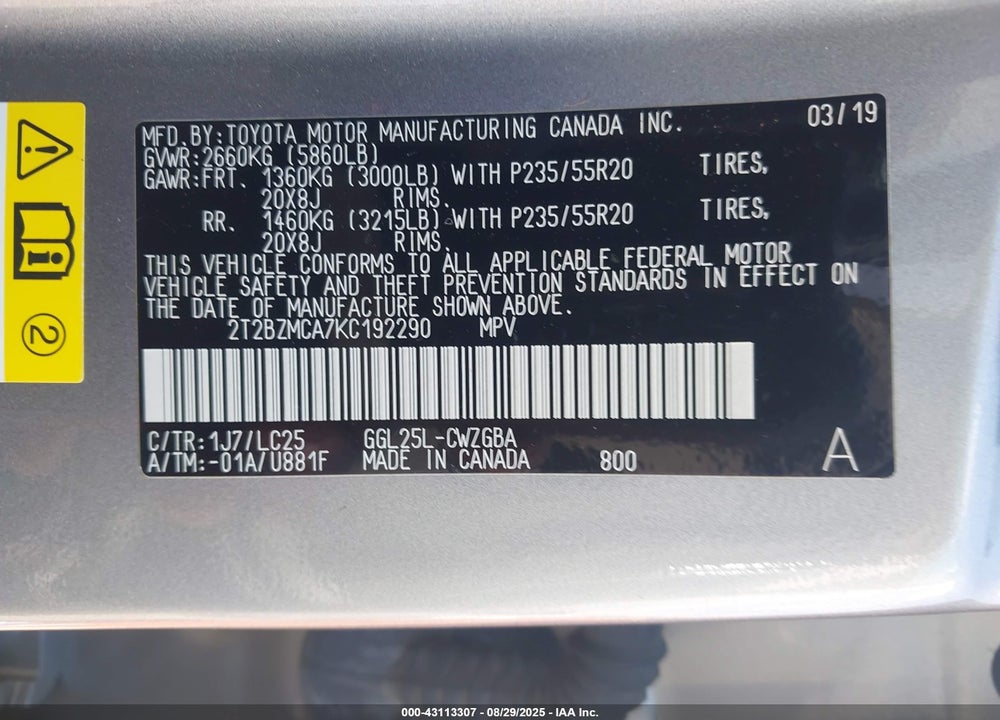 2019 LEXUS RX 350 VIN: 2T2BZMCA7KC192290