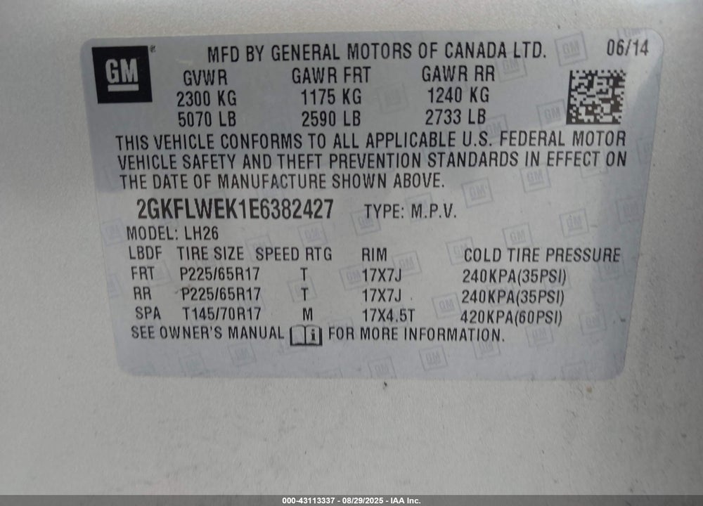 2014 GMC TERRAIN SLE-2 VIN: 2GKFLWEK1E6382427