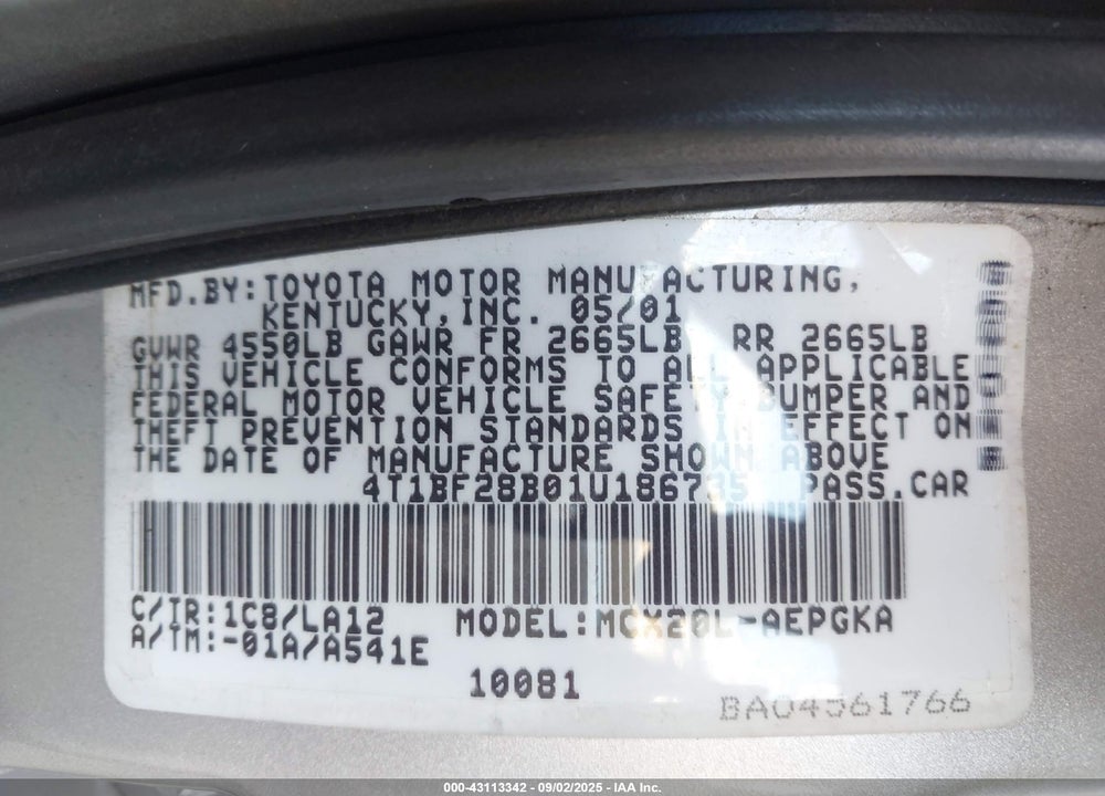2001 TOYOTA AVALON XLS VIN: 4T1BF28B01U186735
