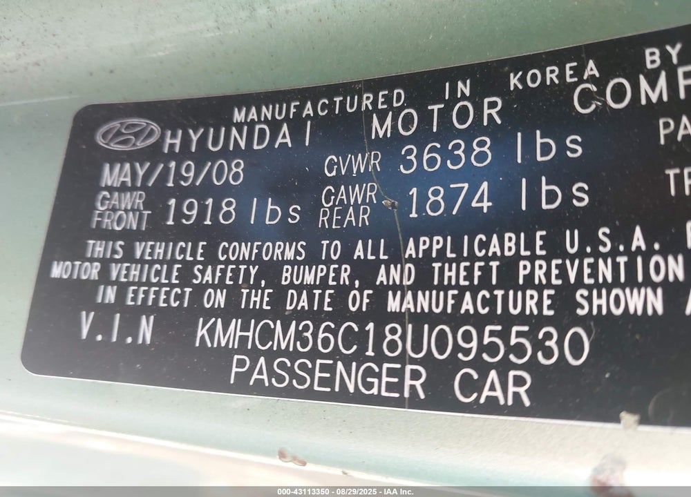 2008 HYUNDAI ACCENT GS VIN: KMHCM36C18U095530