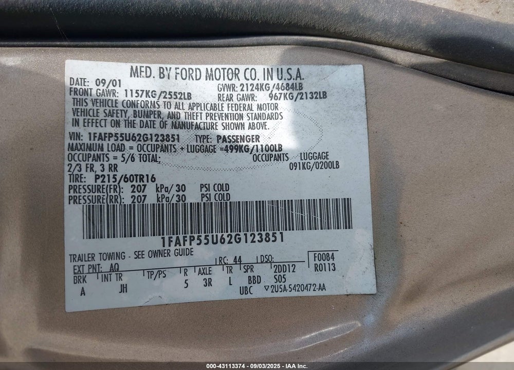 2002 FORD TAURUS SES VIN: 1FAFP55U62G123851