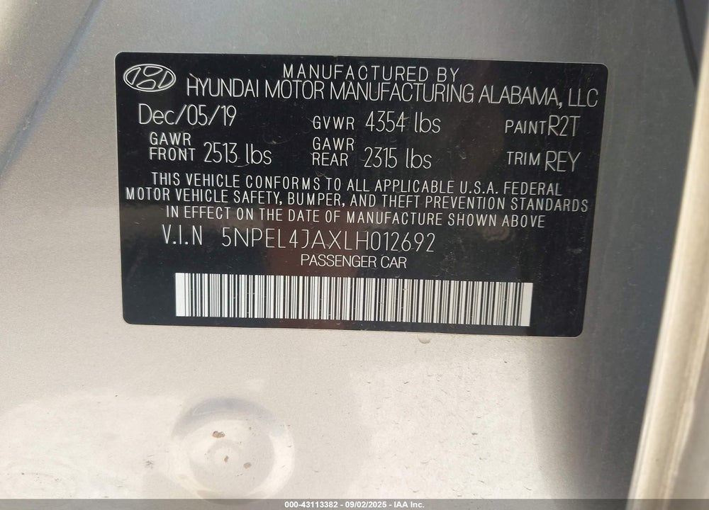 2020 HYUNDAI SONATA SEL VIN: 5NPEL4JAXLH012692