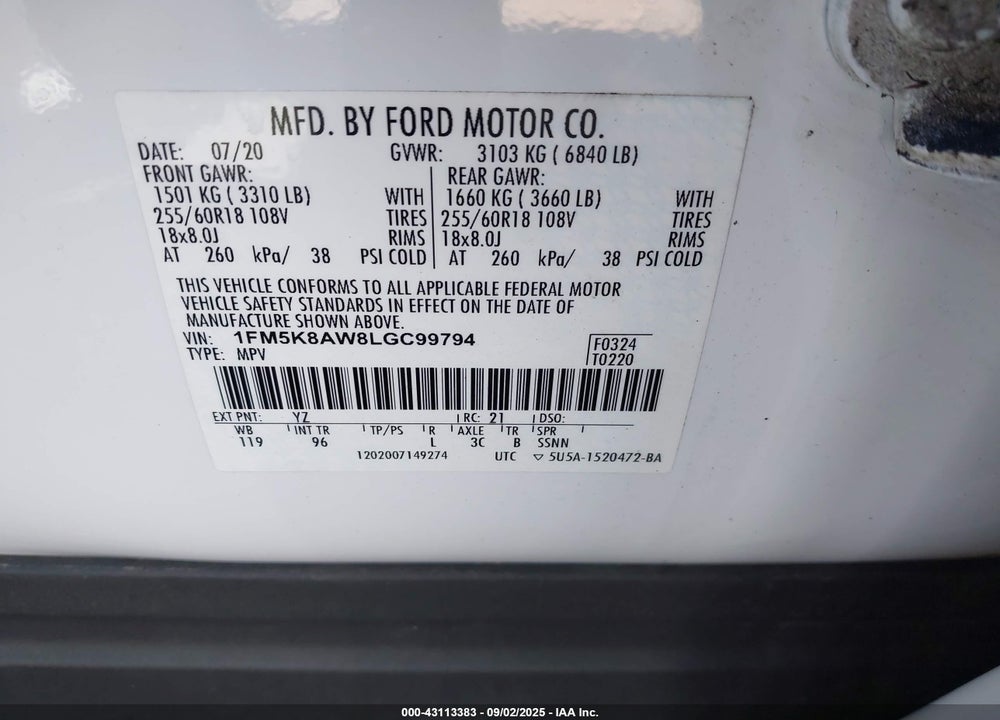 2020 FORD POLICE INTERCEPTOR UTILITY VIN: 1FM5K8AW8LGC99794
