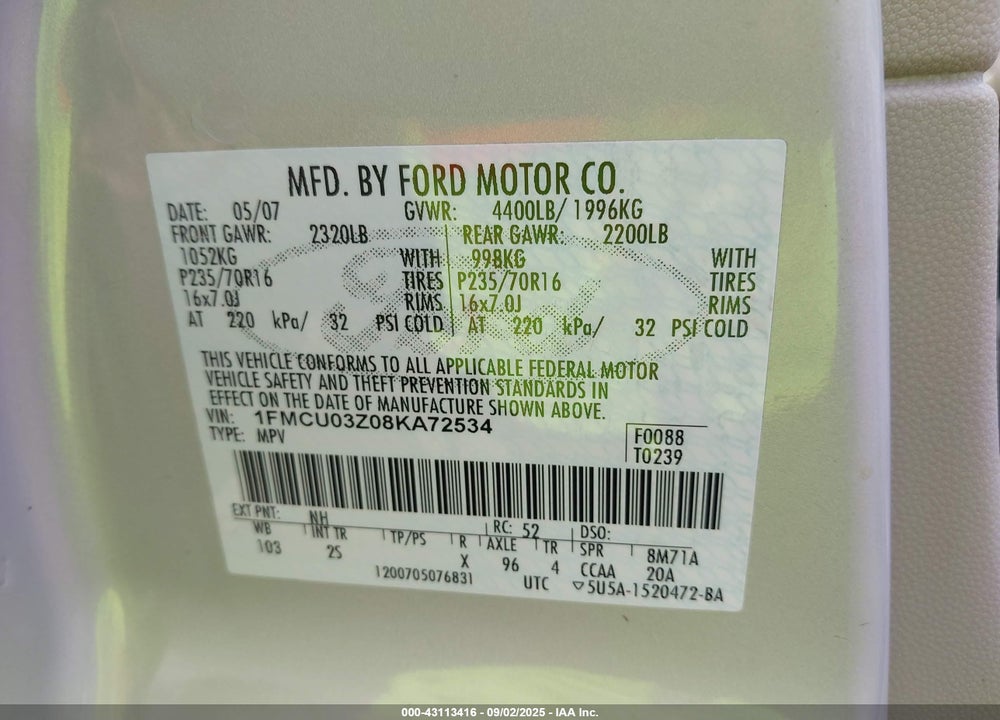 2008 FORD ESCAPE XLT VIN: 1FMCU03Z08KA72534