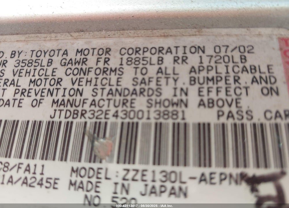 2003 TOYOTA COROLLA LE VIN: JTDBR32E430013881