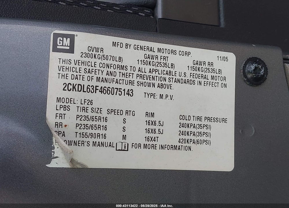 2006 PONTIAC TORRENT VIN: 2CKDL63F466075143