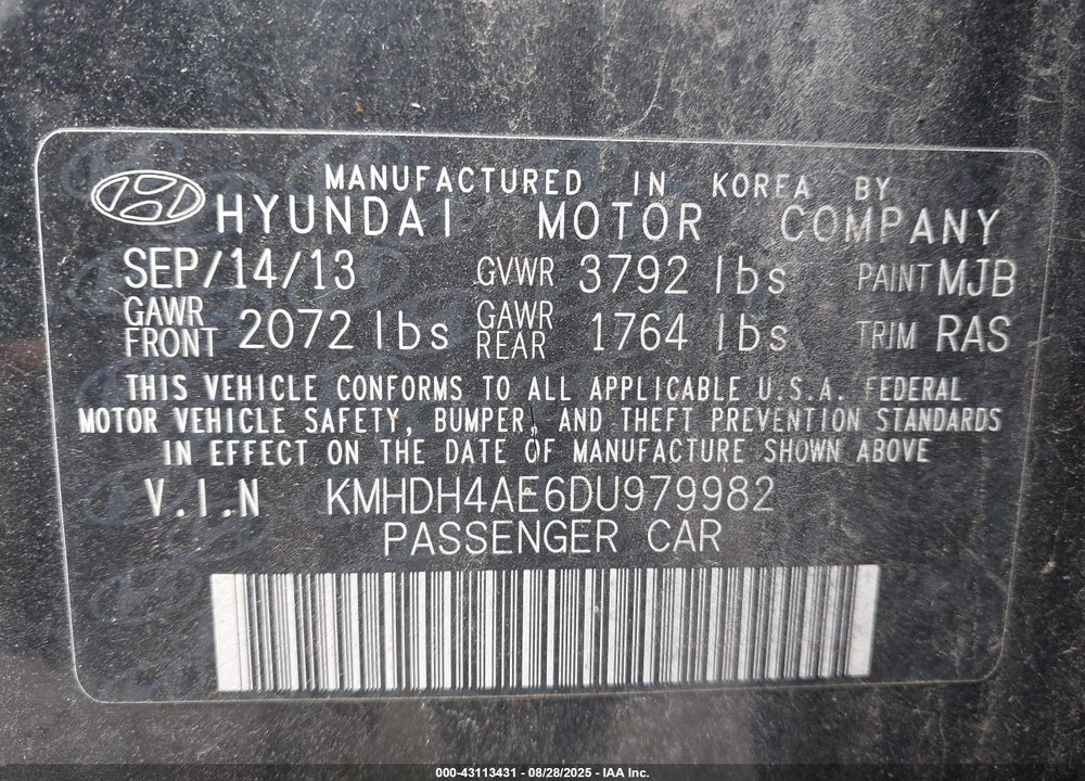 2013 HYUNDAI ELANTRA VIN: KMHDH4AE6DU979982