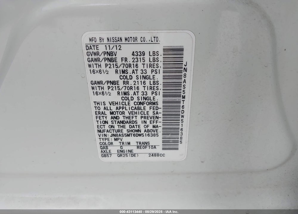 2013 NISSAN ROGUE VIN: JN8AS5MT6DW516385