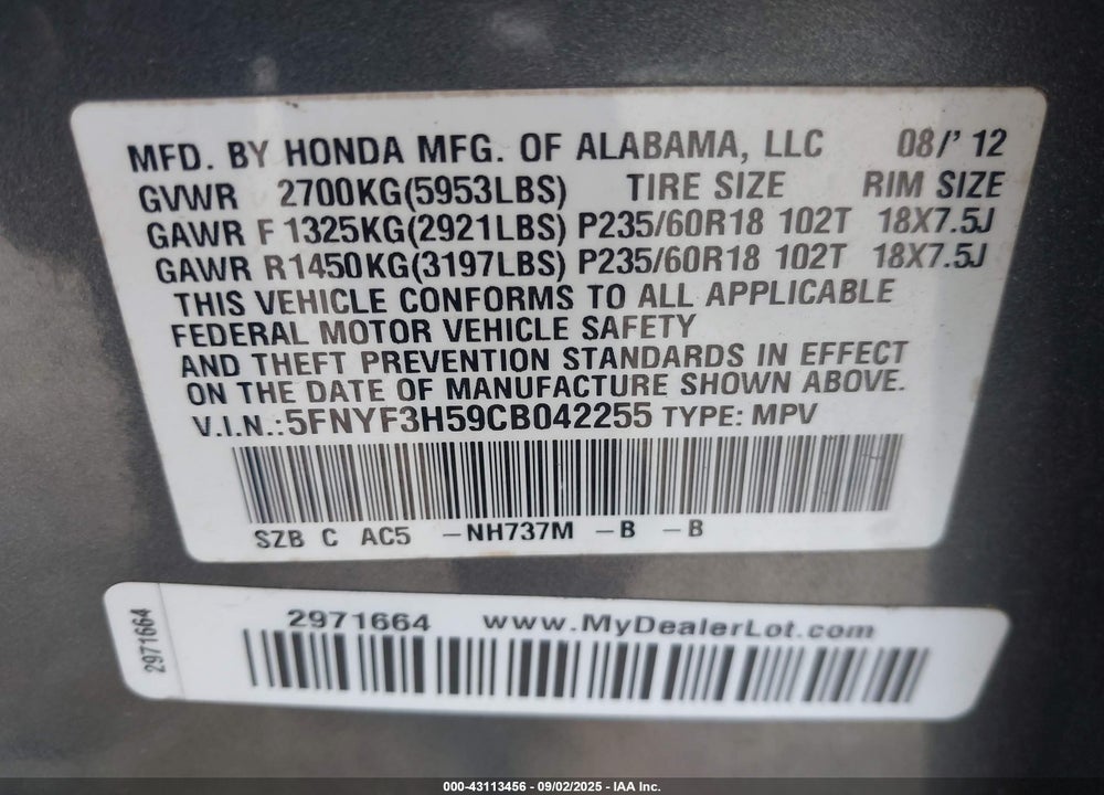 2012 HONDA PILOT VIN: 5FNYF3H59CB042255