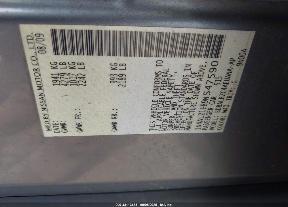 2009 NISSAN ALTIMA VIN: 1N4AL21E89N547590