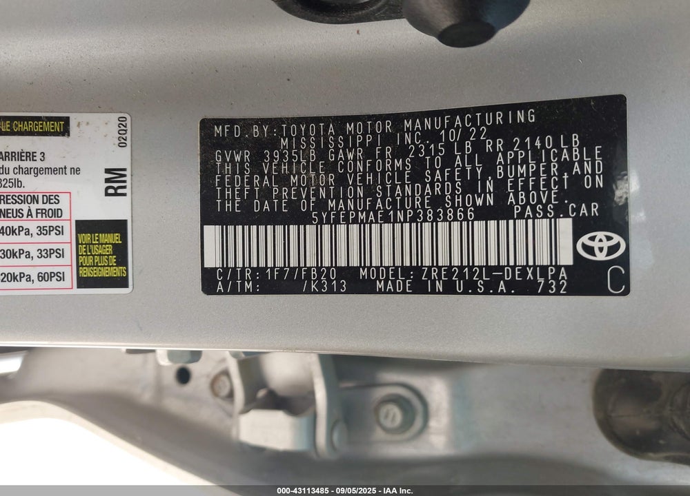 2022 TOYOTA COROLLA VIN: 5YFEPMAE1NP383866
