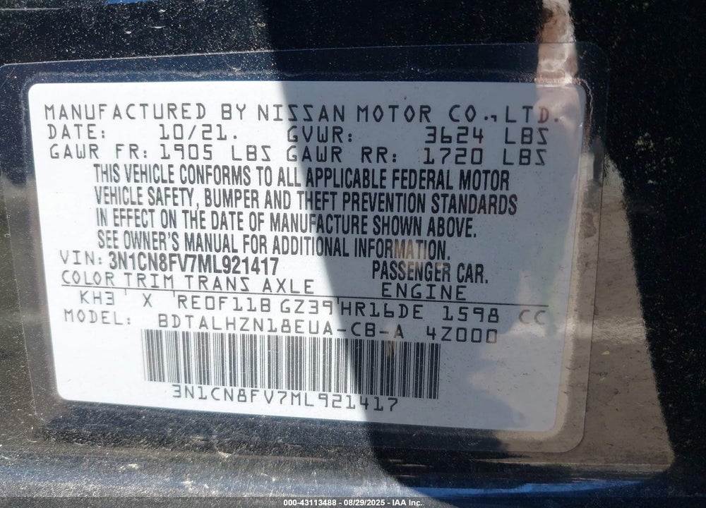 2021 NISSAN VERSA VIN: 3N1CN8FV7ML921417