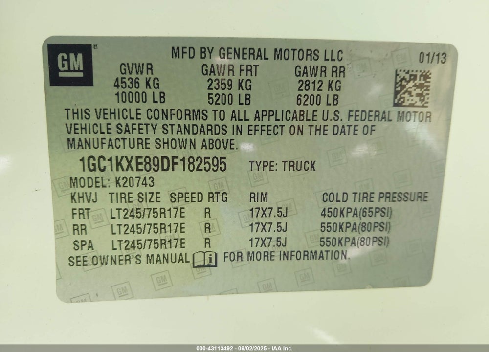 2013 CHEVROLET SILVERADO 2500 VIN: 1GC1KXE89DF182595
