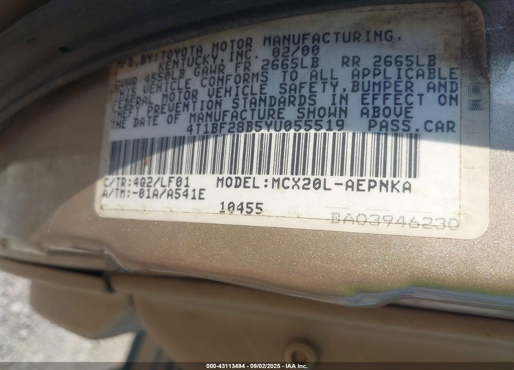 2000 TOYOTA AVALON XL VIN: 4T1BF28B5YU055519