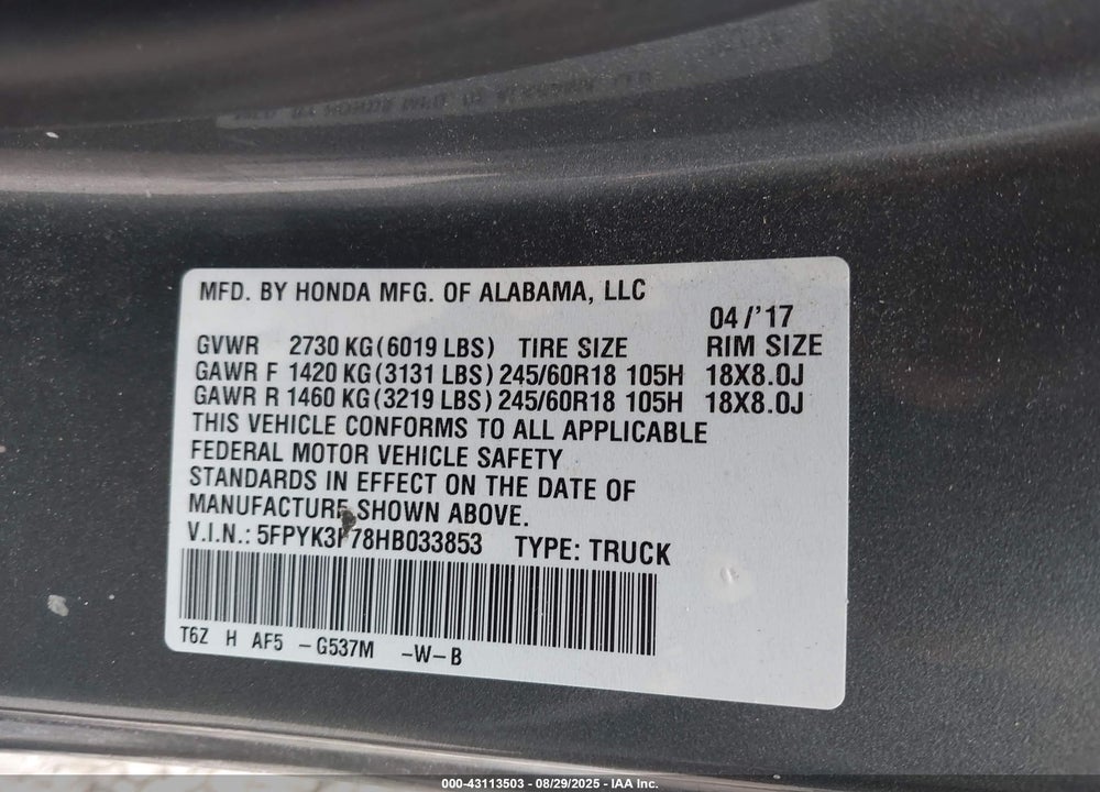 2017 HONDA RIDGELINE VIN: 5FPYK3F78HB033853