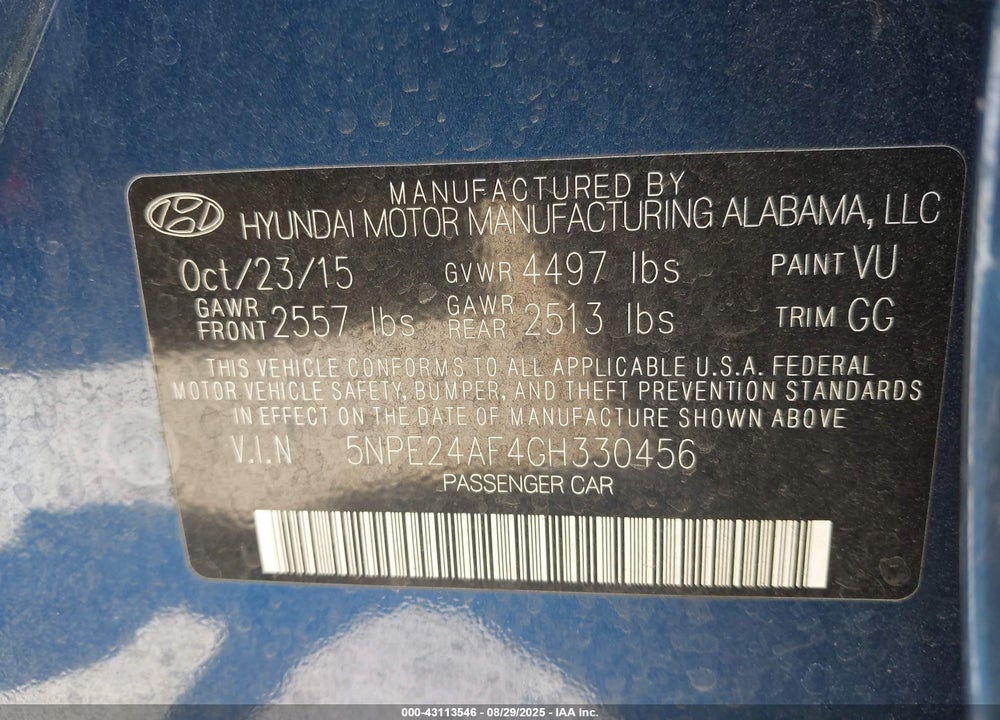 2016 HYUNDAI SONATA VIN: 5NPE24AF4GH330456