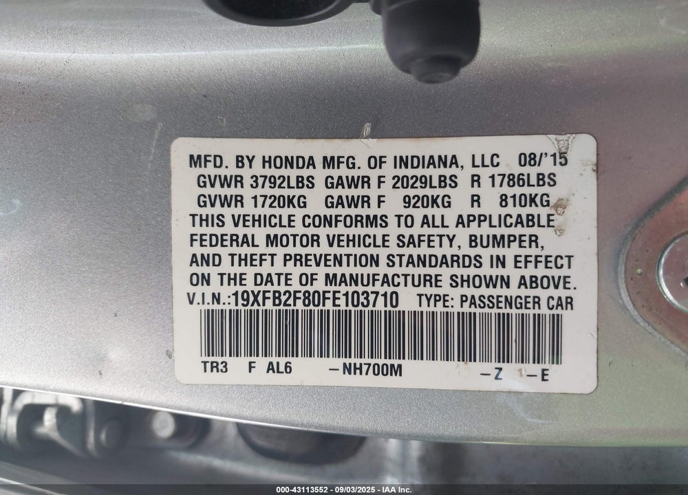 2015 HONDA CIVIC VIN: 19XFB2F80FE103710