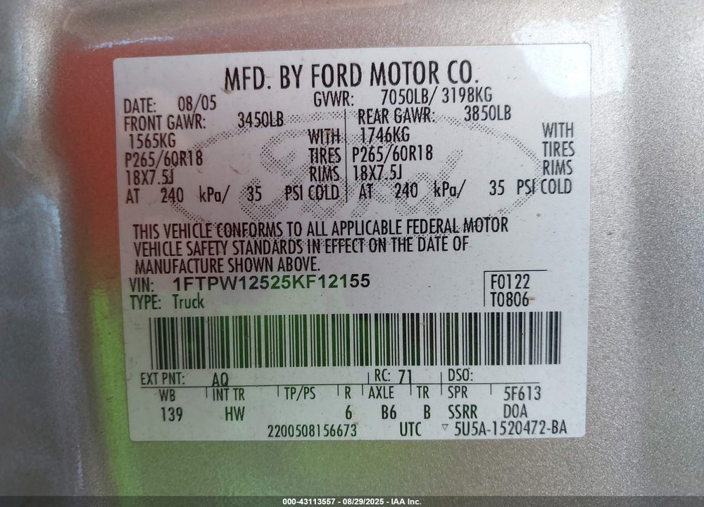 2005 FORD F-150 LARIAT/XLT VIN: 1FTPW12525KF12155