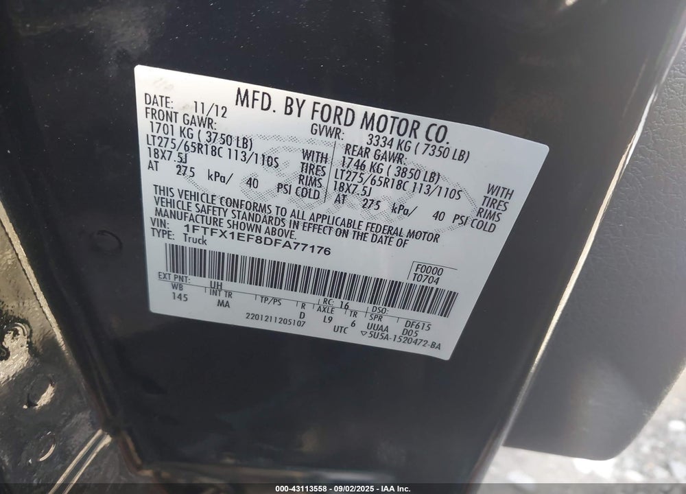 2013 FORD F-150 VIN: 1FTFX1EF8DFA77176