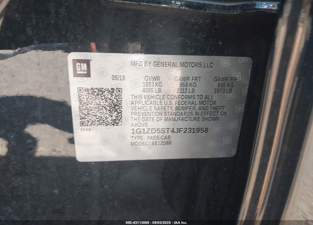 2018 CHEVROLET MALIBU LT VIN: 1G1ZD5ST4JF231958