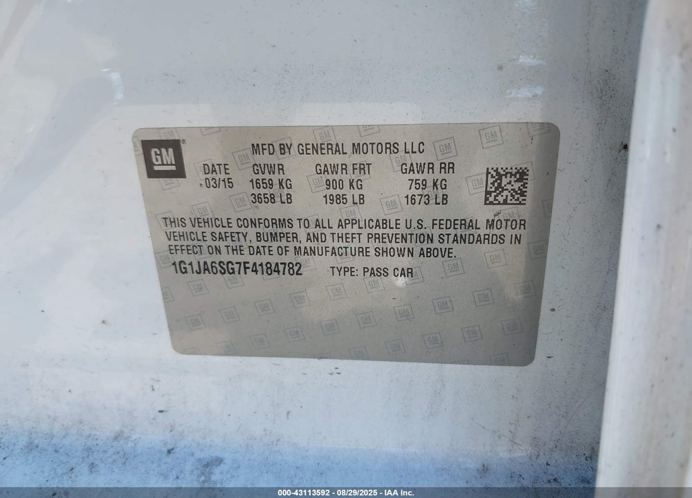 2015 CHEVROLET SONIC VIN: 1G1JA6SG7F4184782