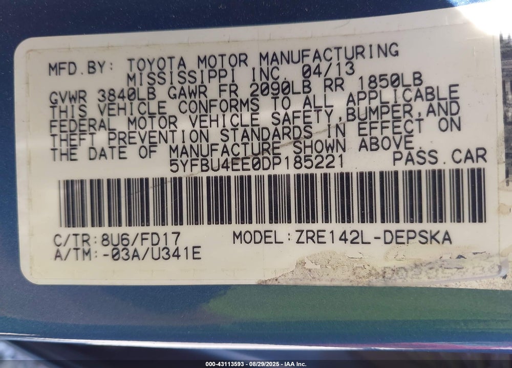 2013 TOYOTA COROLLA S VIN: 5YFBU4EE0DP185221